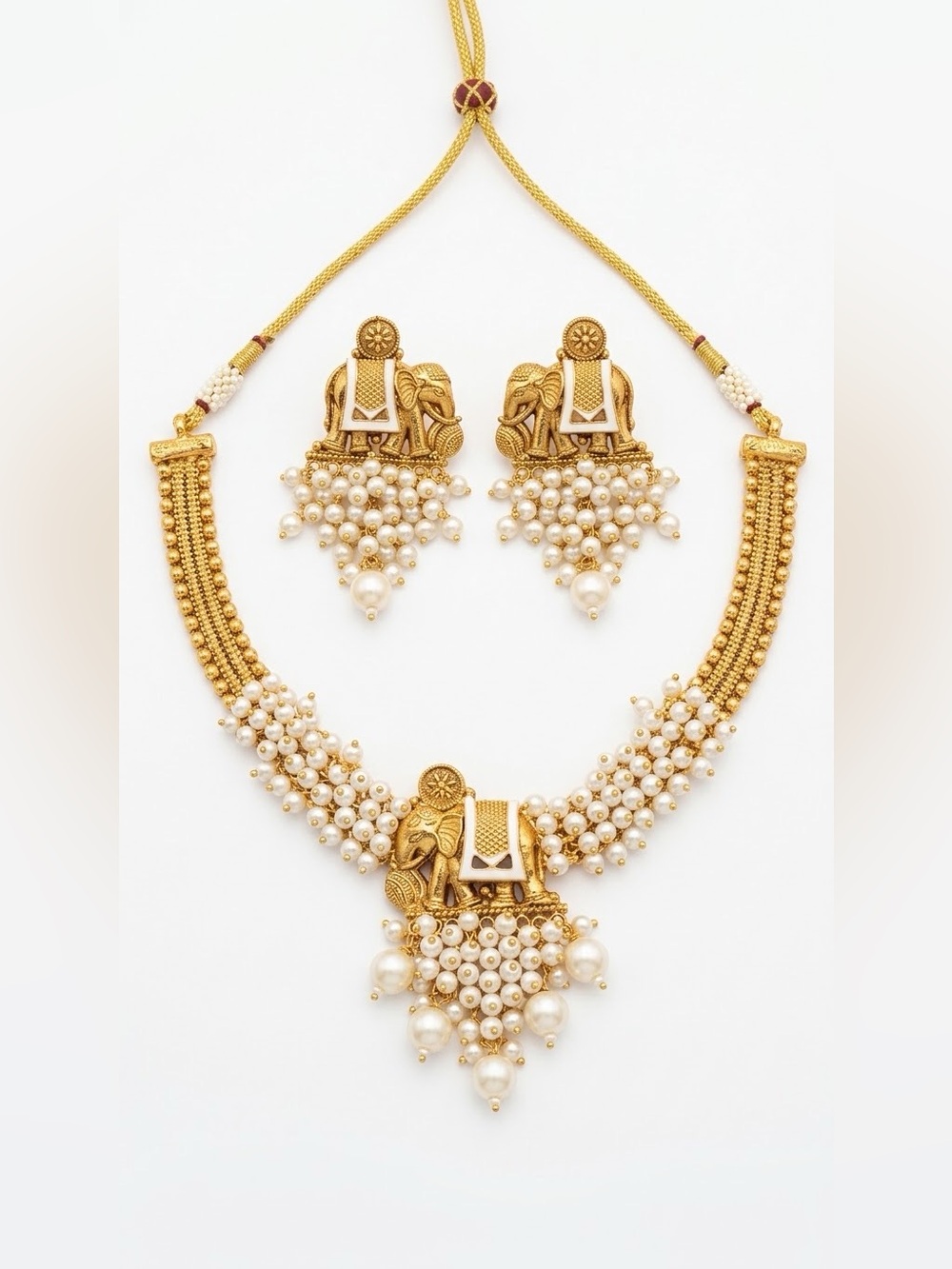 Gold-Tone Pearl Cluster Necklace with Matching Earrings - White Pearls